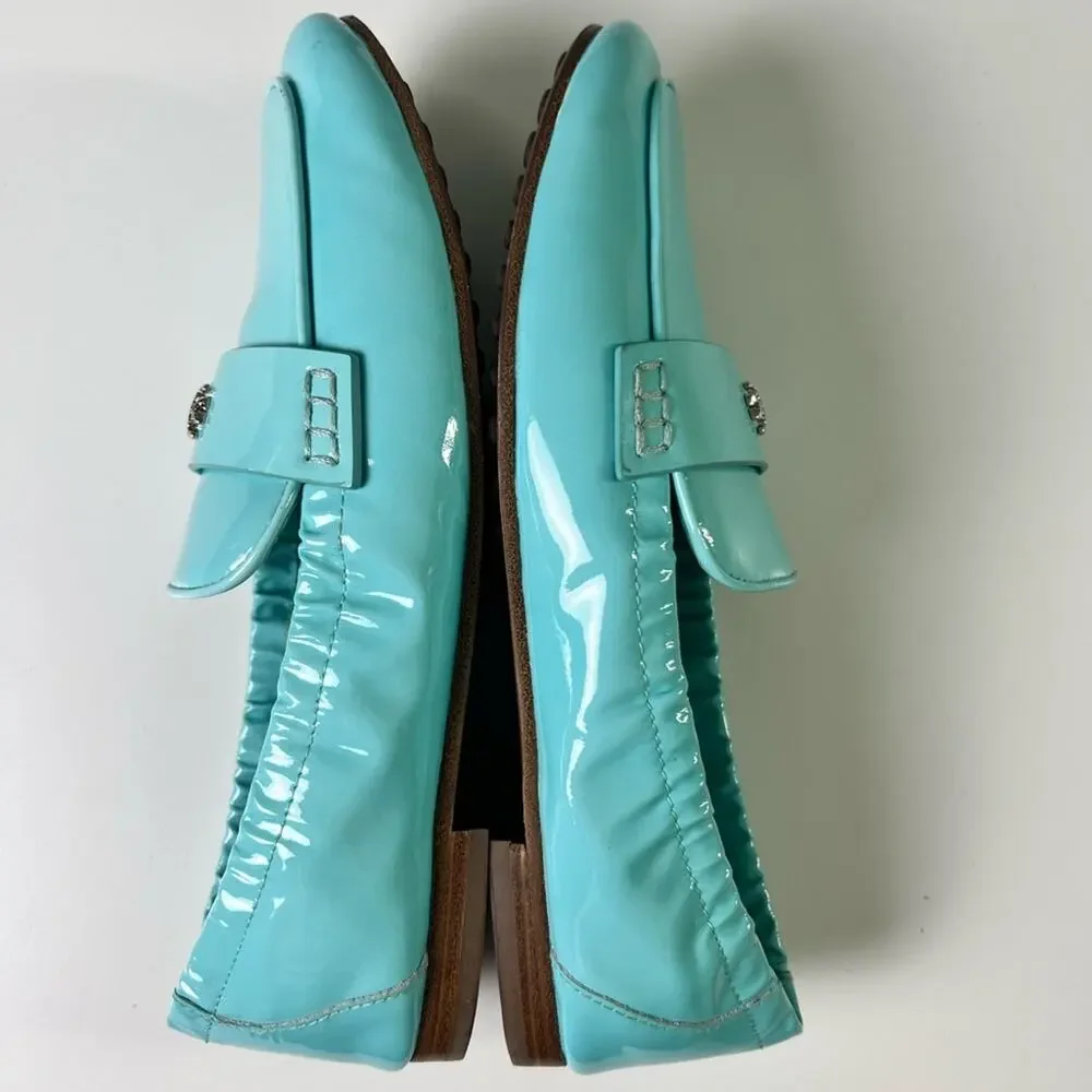 Tory Burch RARE Blue Silver Ballet Patent Leather Loafer Flat MistyAqua Spongy 5